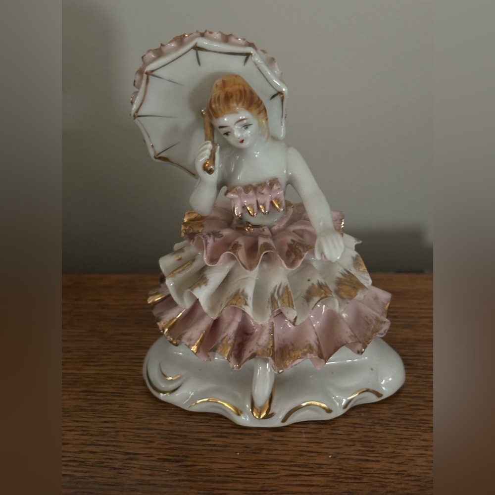 Vintage Bone China Lace Girl in Dress with Parasol 4”